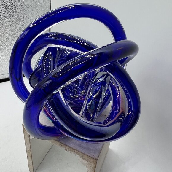 Hand Blown Dark Blue/Glossy "Tangled Knot" Abstract Art Glass Sculpture Paperwei - Picture 5 of 10